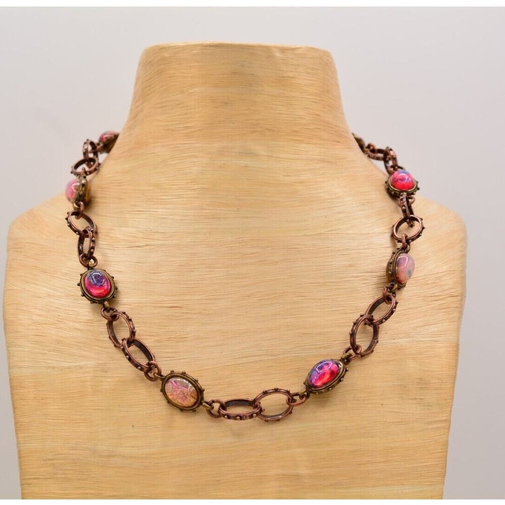 Sweet Romance Vintage Cabochon Necklace Opal Copper Heavy Chunky Signed Bin7A